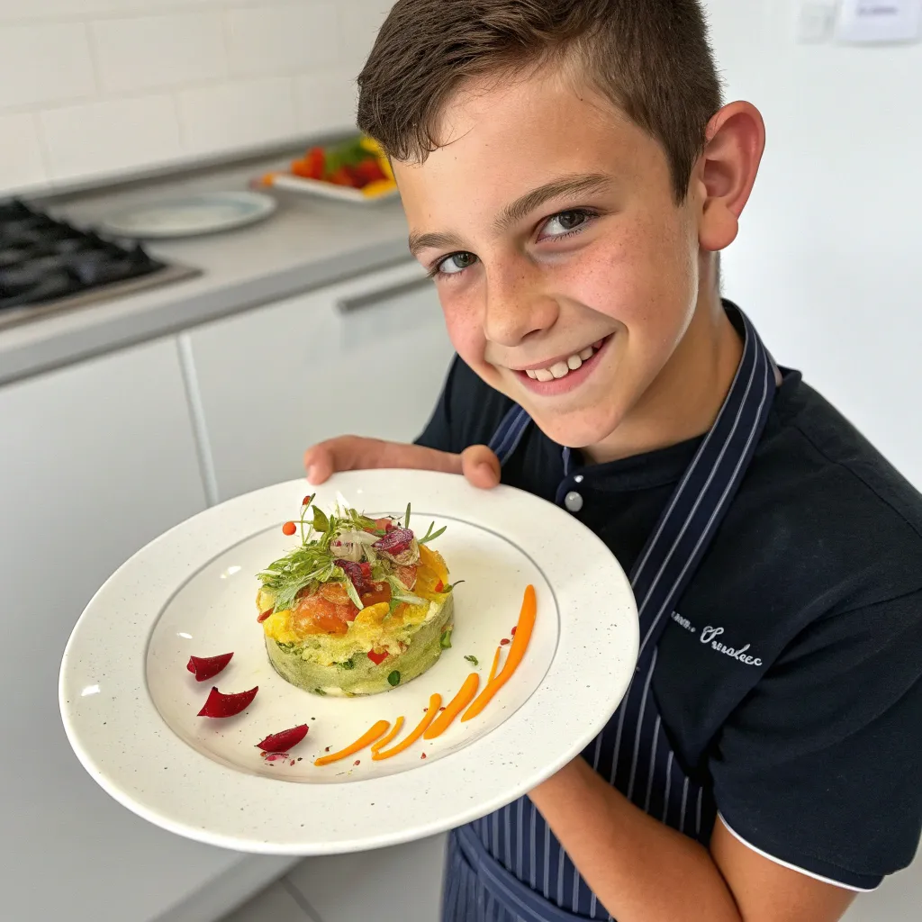 Teen boy displaying a dish